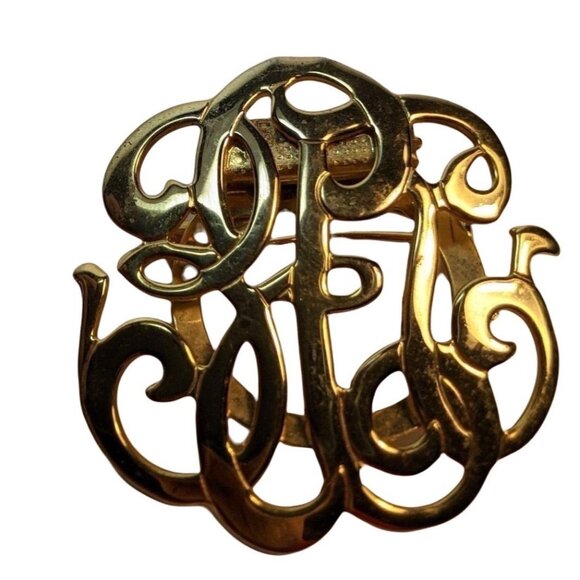 Vintage Gold Tone Monogram Brooch With Swirly Letters - Picture 5 of 6